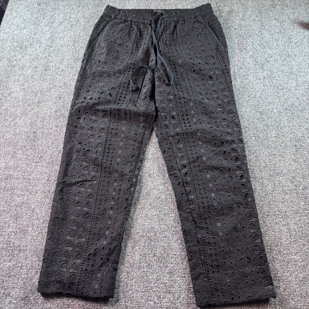 J.Crew Eyelet Pants Womens 4 Black Floral Embroidery Elastic Waist Straight Leg